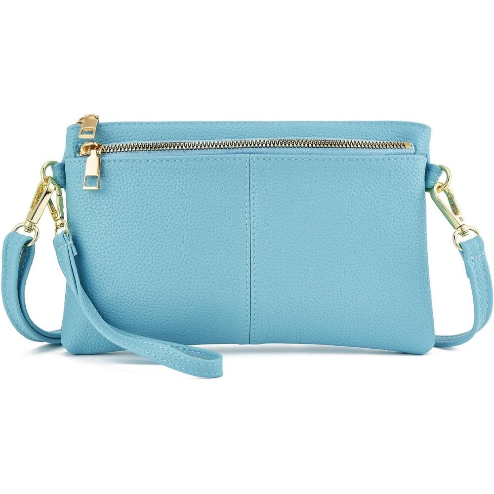 ⚡Women's Lightweight Light Blue Triple Zip Vegan Leather Clutch Wristlet Bag